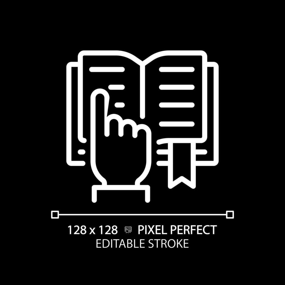 STEM in reading pixel perfect white linear icon for dark theme. Curriculum including science. Education activity. Technology. Thin line illustration. Isolated symbol for night mode. Editable stroke vector