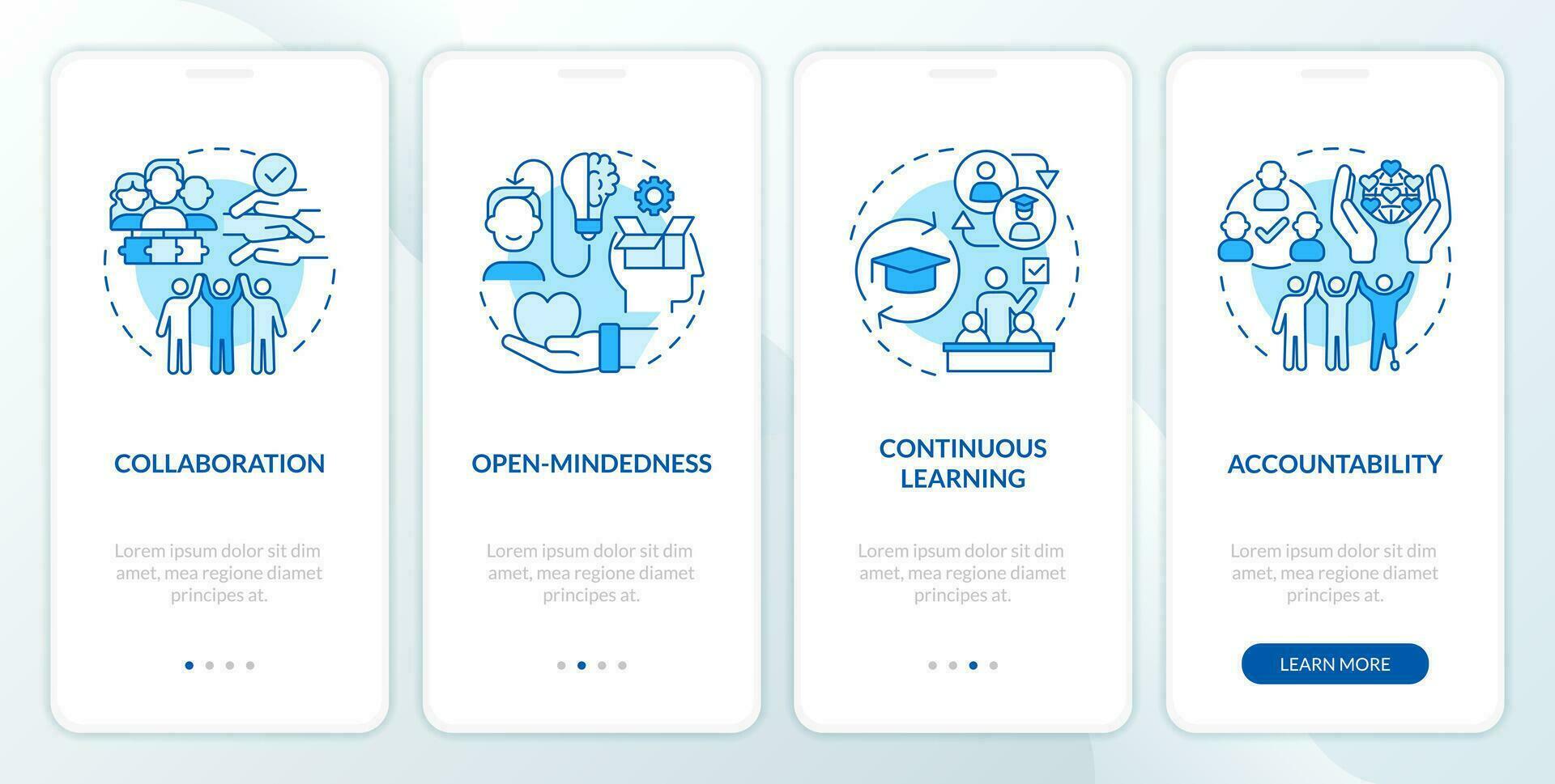 Driving inclusion blue onboarding mobile app screen. Taking action walkthrough 4 steps editable graphic instructions with linear concepts. UI, UX, GUI template vector