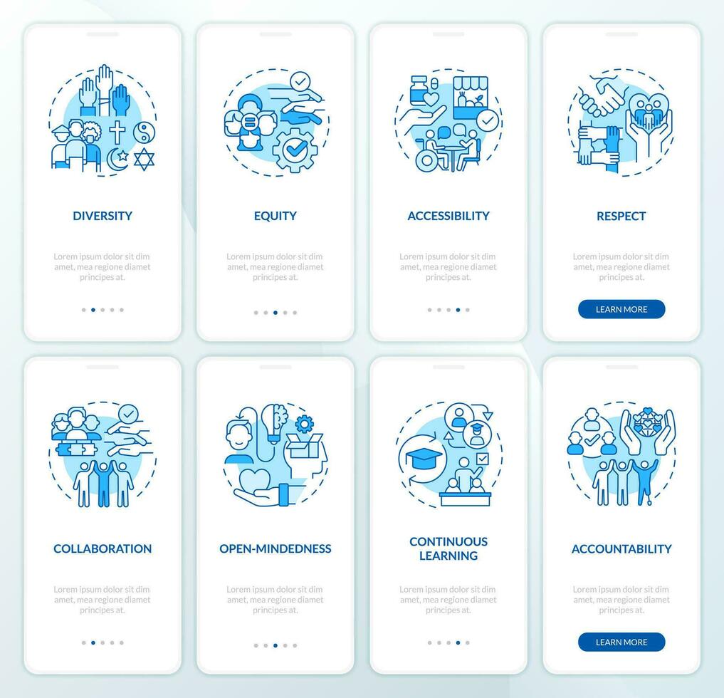 Elements of inclusion blue onboarding mobile app screen set. Walkthrough 4 steps editable graphic instructions with linear concepts. UI, UX, GUI template vector