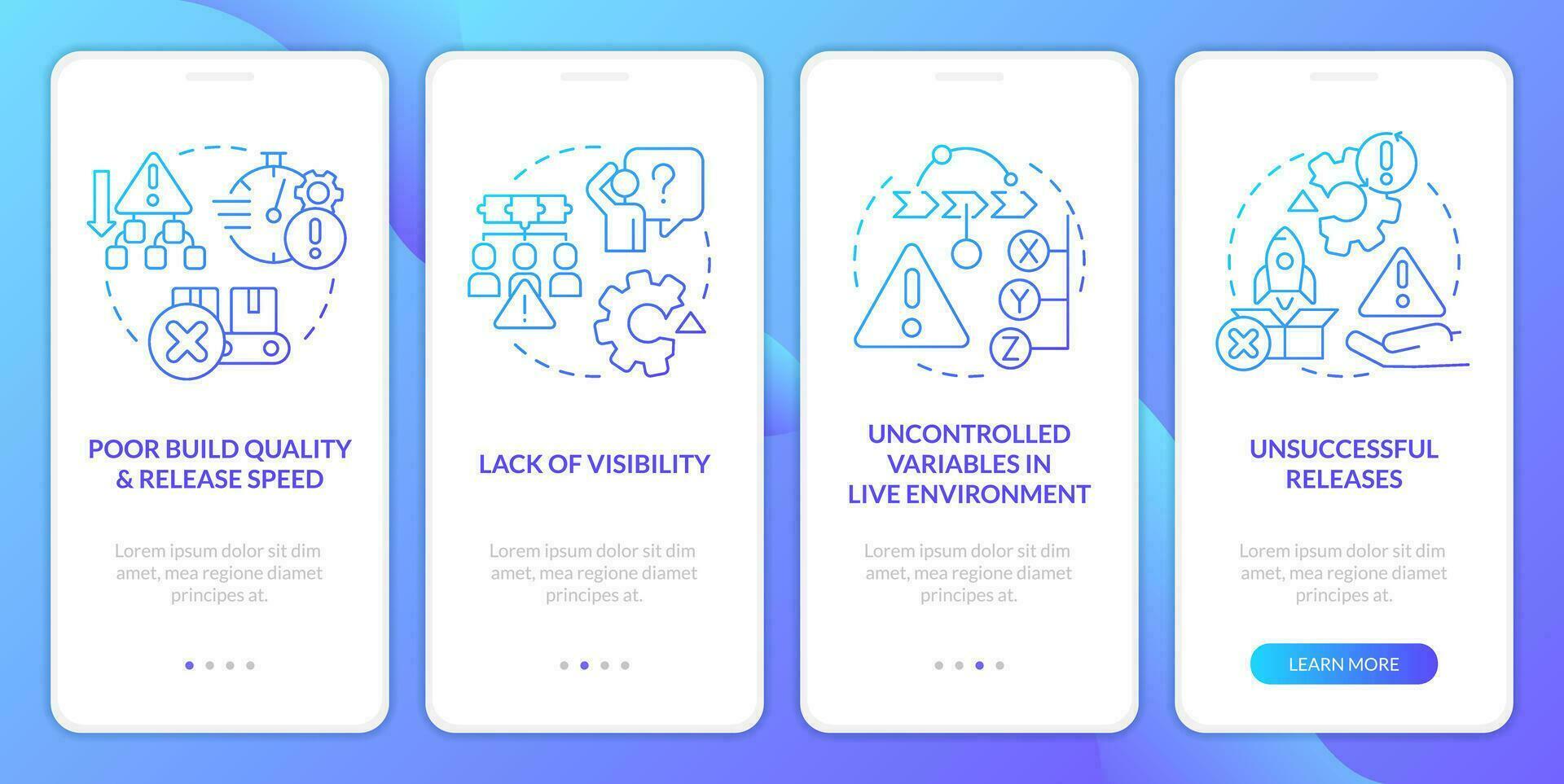 Release management pain points blue gradient onboarding mobile app screen. Walkthrough 4 steps graphic instructions with linear concepts. UI, UX, GUI template vector