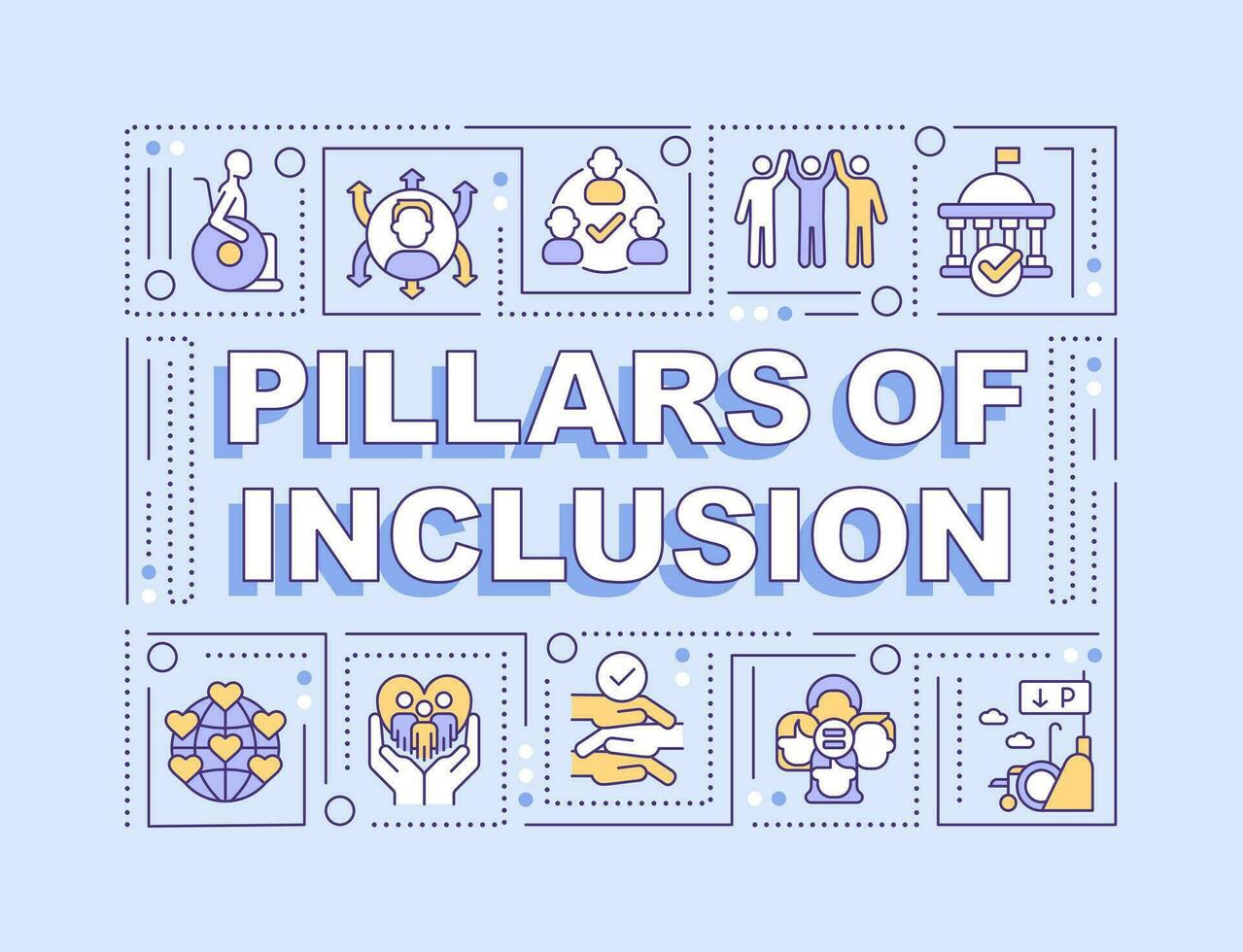 Pillars of inclusion word concepts light blue banner. Equal opportunity. Infographics with editable icons on color background. Isolated typography. Vector illustration with text