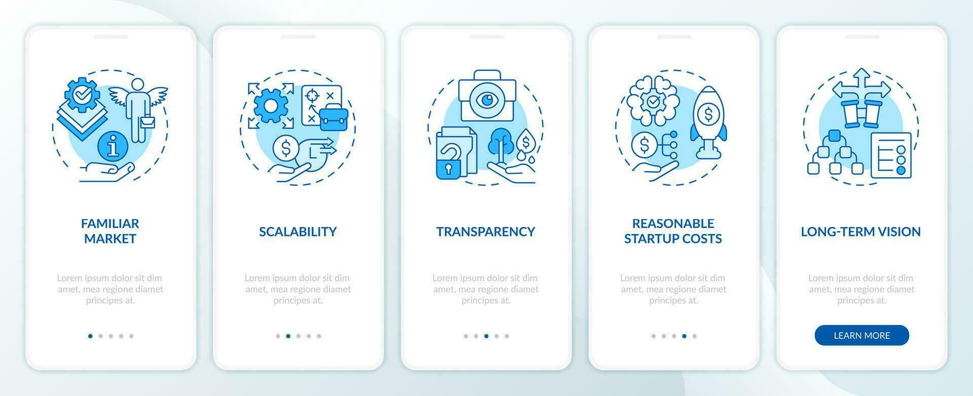 Startup traits blue onboarding mobile app screen. Attract investors walkthrough 5 steps editable graphic instructions with linear concepts. UI, UX, GUI template vector