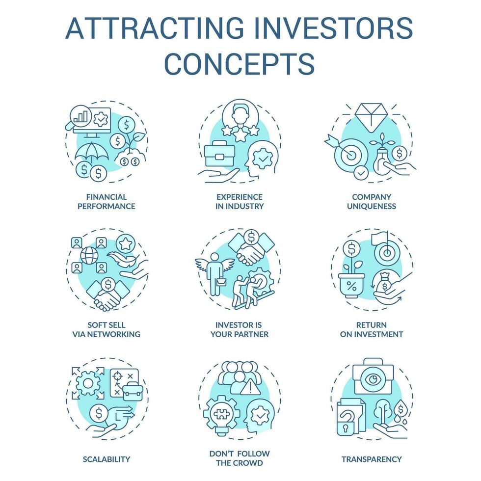 Attracting investors concept turquoise icons set. Involve funding. Startup traits idea thin line color illustrations. Isolated symbols. Editable stroke vector