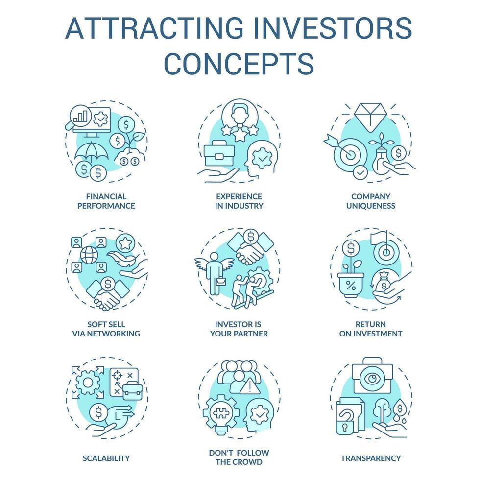atrayendo inversores concepto turquesa íconos colocar. involucrar fondos. puesta en marcha rasgos idea Delgado línea color ilustraciones. aislado simbolos editable carrera vector