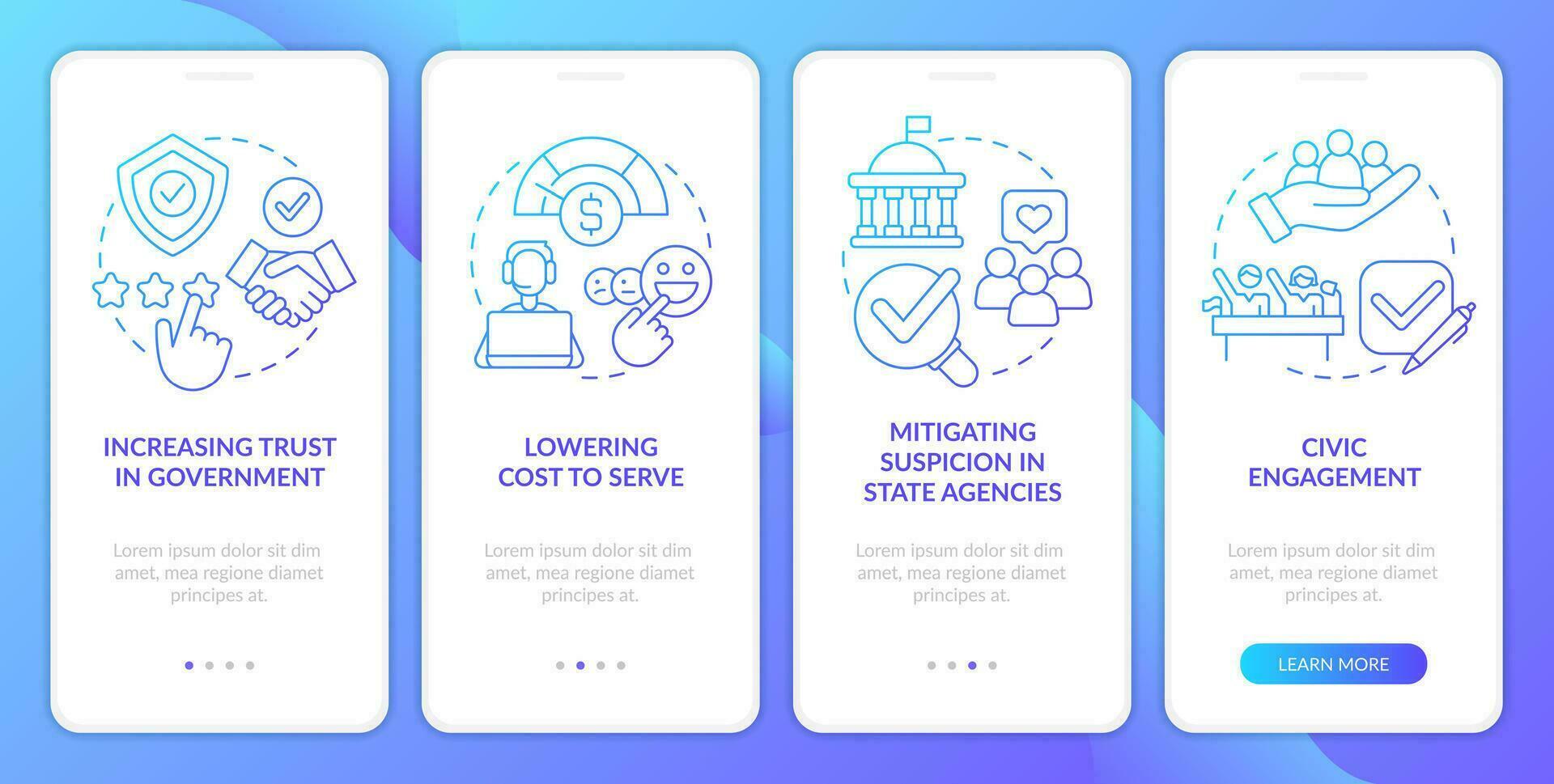 Public service delivery changes blue gradient onboarding mobile app screen. Walkthrough 4 steps graphic instructions with linear concepts. UI, UX, GUI template vector