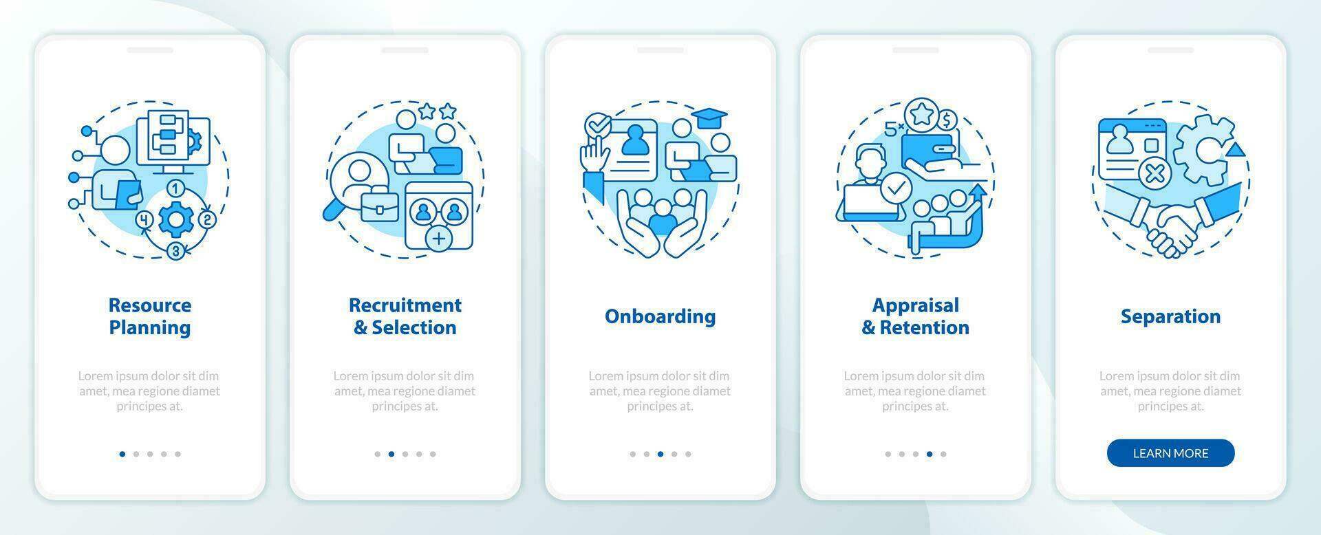 IT staffing process blue onboarding mobile app screen. Recruitment walkthrough 5 steps editable graphic instructions with linear concepts. UI, UX, GUI template vector