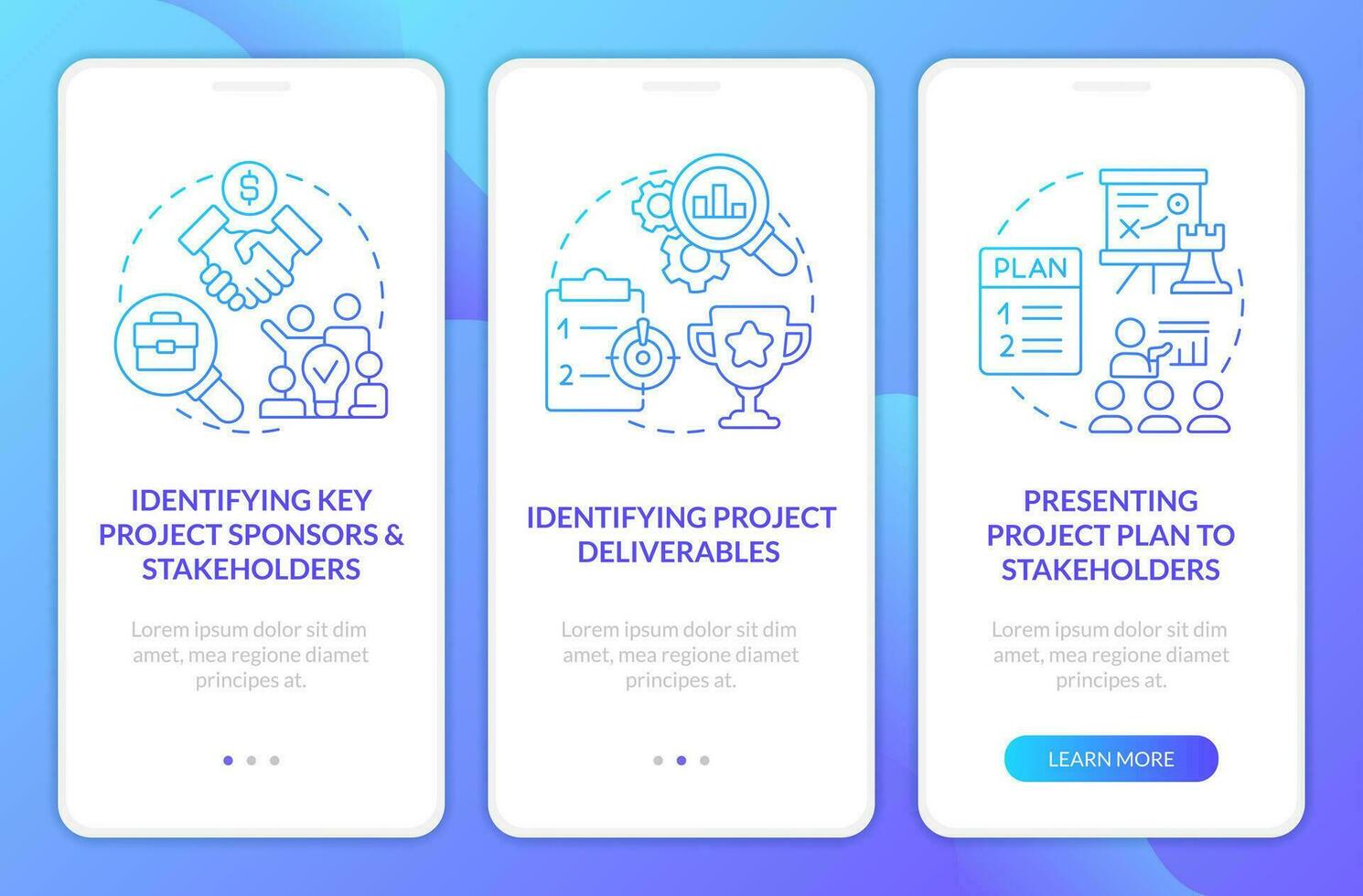 Project planning stages blue gradient onboarding mobile app screen. Workflow walkthrough 3 steps graphic instructions with linear concepts. UI, UX, GUI template vector
