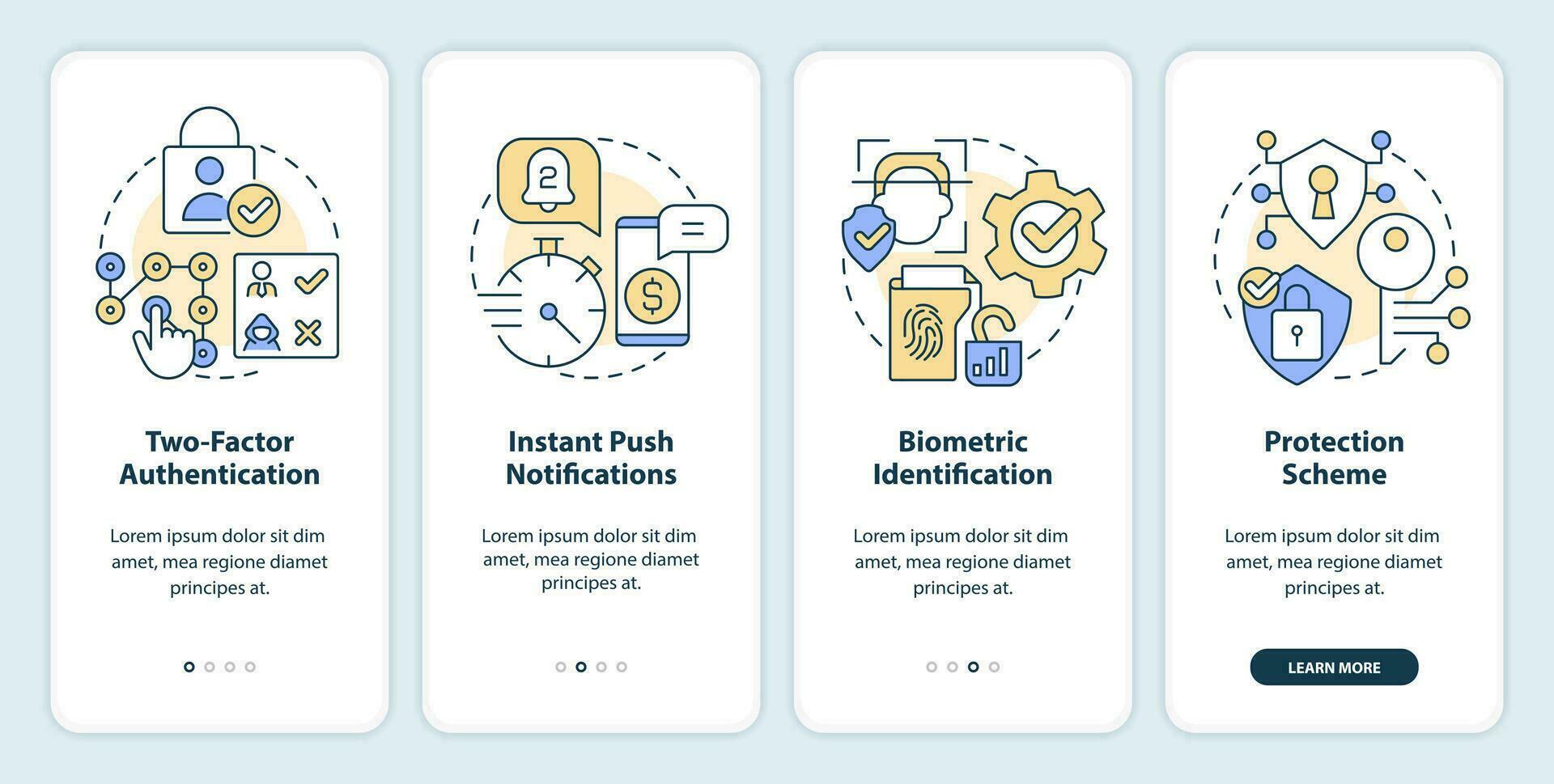 Secure online banking features onboarding mobile app screen. Walkthrough 4 steps editable graphic instructions with linear concepts. UI, UX, GUI template vector
