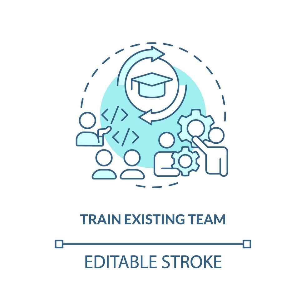 Train existing team turquoise concept icon. Employees education. IT staffing tip abstract idea thin line illustration. Isolated outline drawing. Editable stroke vector