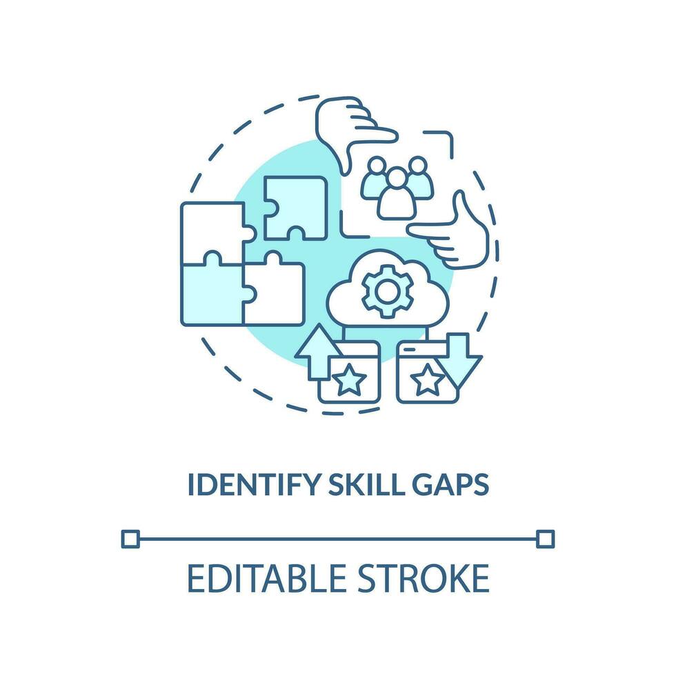 Identify skill gaps turquoise concept icon. Knowledge and experience. IT staffing tip abstract idea thin line illustration. Isolated outline drawing. Editable stroke vector