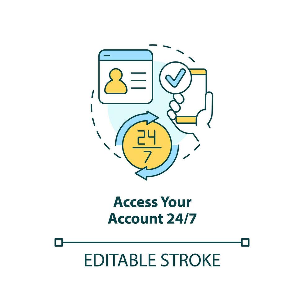 Around the clock account access concept icon. Web wallet. Online banking advantage abstract idea thin line illustration. Isolated outline drawing. Editable stroke vector