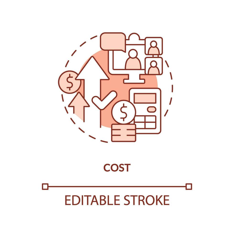 Cost red concept icon. Hiring agency pricing. IT staffing service disadvantage abstract idea thin line illustration. Isolated outline drawing. Editable stroke vector