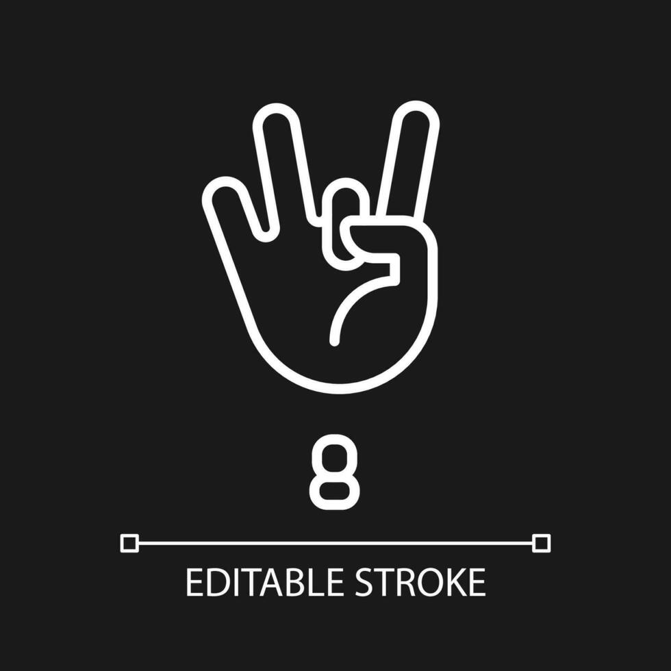 Digit eight sign in ASL pixel perfect white linear icon for dark theme. Gesture language. Communication. Thin line illustration. Isolated symbol for night mode. Editable stroke vector