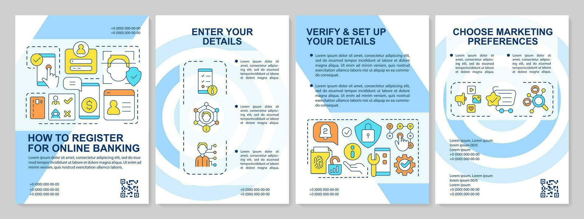 Banking app registration blue brochure template. Digital wallet. Leaflet design with linear icons. Editable 4 vector layouts for presentation, annual reports