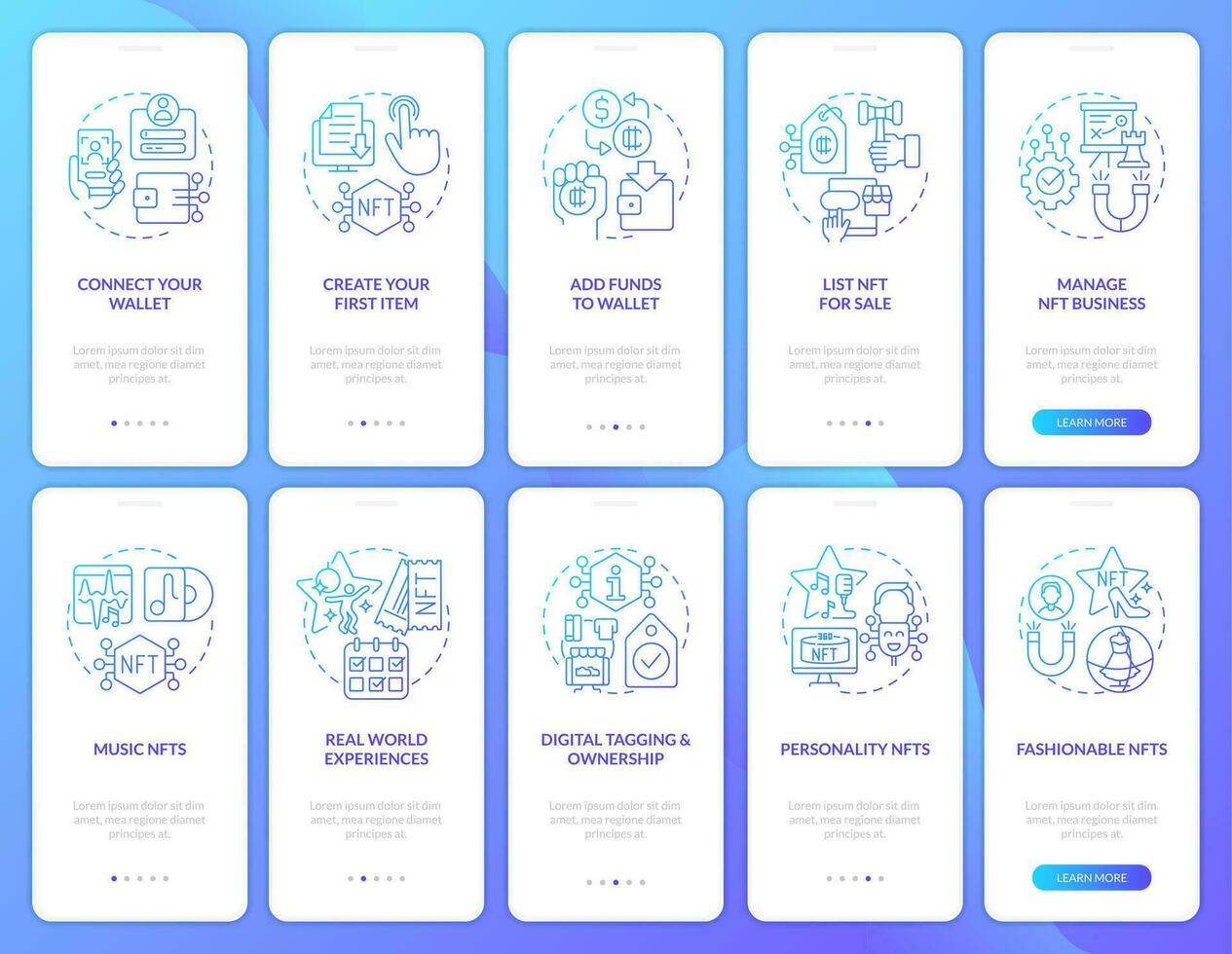 NFTs minting and trends blue gradient onboarding mobile app screen set. Walkthrough 5 steps graphic instructions with linear concepts. UI, UX, GUI template vector