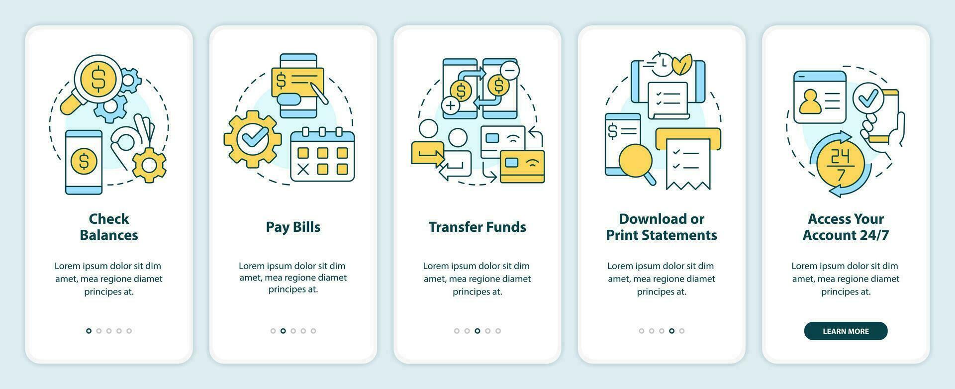 Online banking benefits onboarding mobile app screen. Digital wallet walkthrough 5 steps editable graphic instructions with linear concepts. UI, UX, GUI template vector