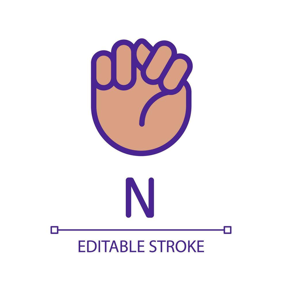 Letter N sign in ASL pixel perfect RGB color icon. Communication system. Visual modality. Isolated vector illustration. Simple filled line drawing. Editable stroke