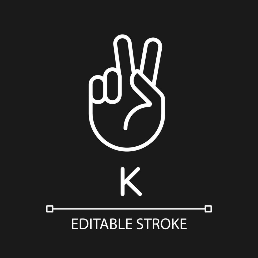 Letter K sign in ASL pixel perfect white linear icon for dark theme. Patients with deafness care. Thin line illustration. Isolated symbol for night mode. Editable stroke vector
