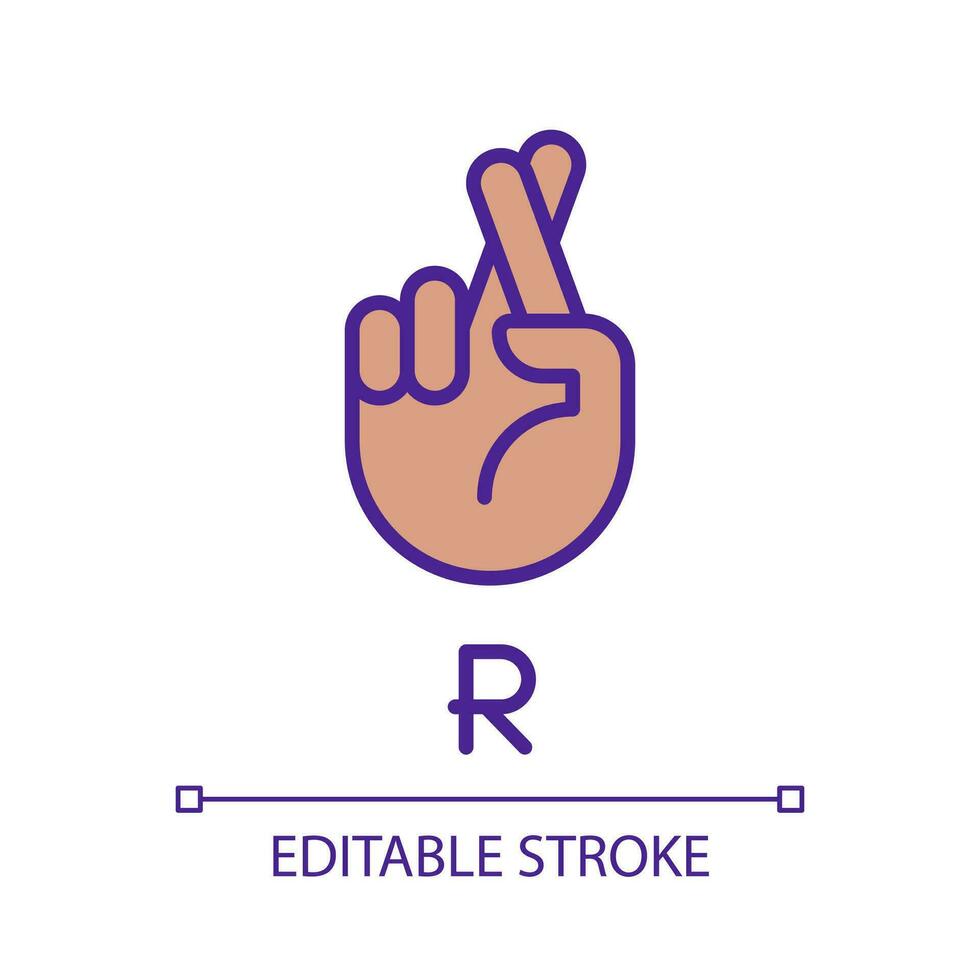 Letter R in American sign language pixel perfect RGB color icon. Connecting gestures. Communication. Isolated vector illustration. Simple filled line drawing. Editable stroke