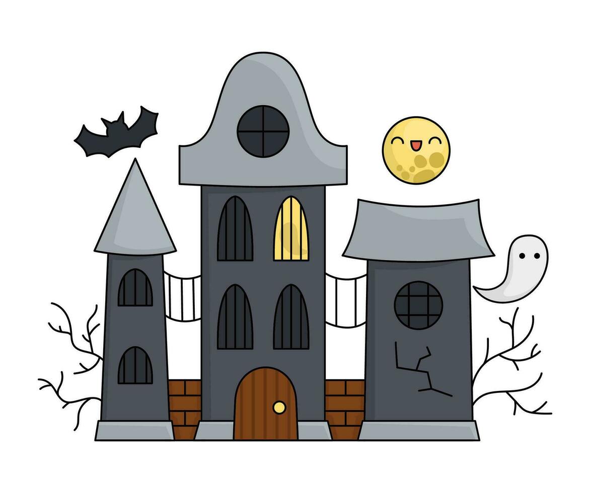 vector kawaii obsesionado casa. linda Víspera de Todos los Santos edificio para niños. gracioso otoño todas santos día dibujos animados de miedo ilustración. samhain fiesta escalofriante cabaña icono con luna, fantasma, murciélago para niños