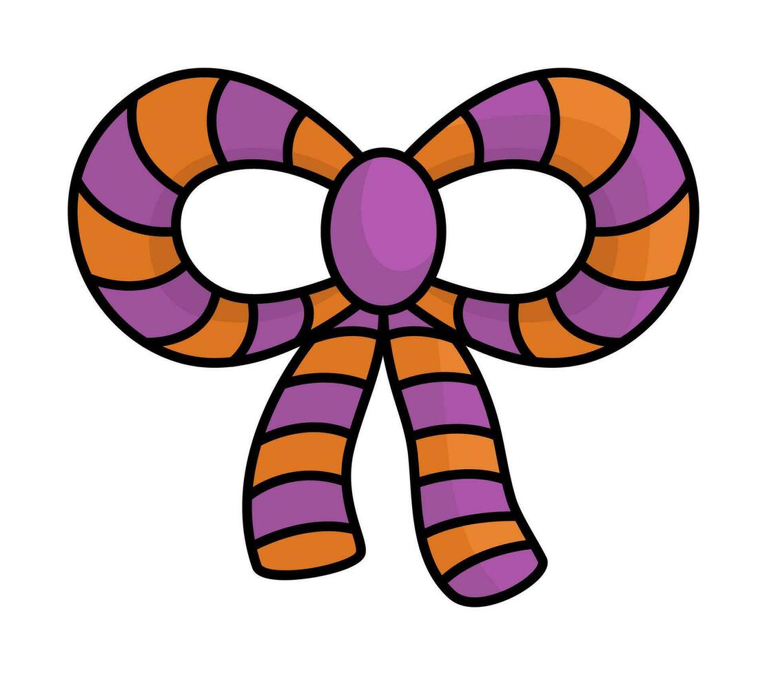 Vector cartoon bow. Cute Halloween orange and purple bowknot for kids. Funny autumn all saints day accessory. Samhain party ribbon icon for children