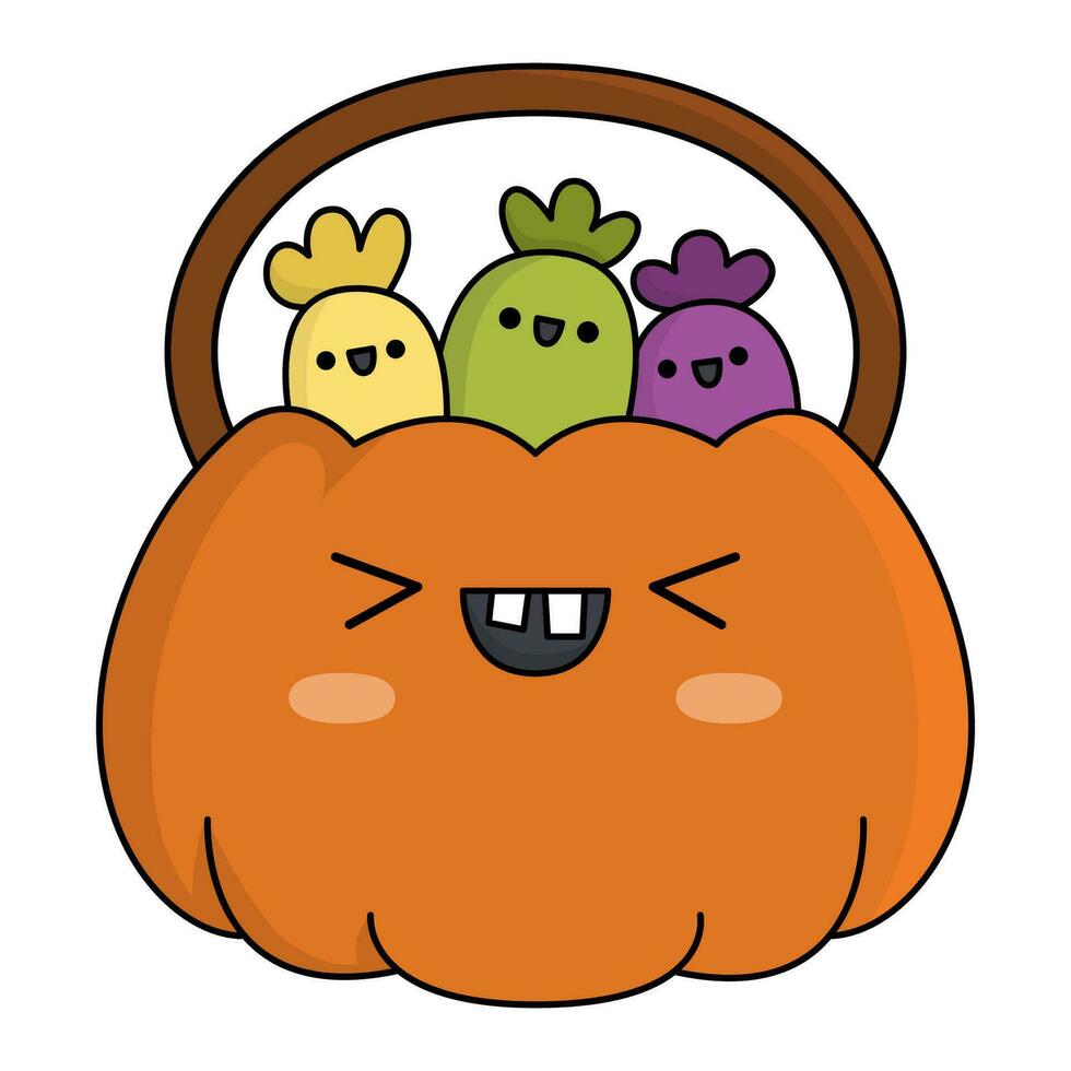 Vector kawaii jack-o-lantern bag with sweets. Cute smiling Halloween character for kids. Funny autumn all saints day cartoon scary pumpkin trick or treat illustration. Samhain party icon for children