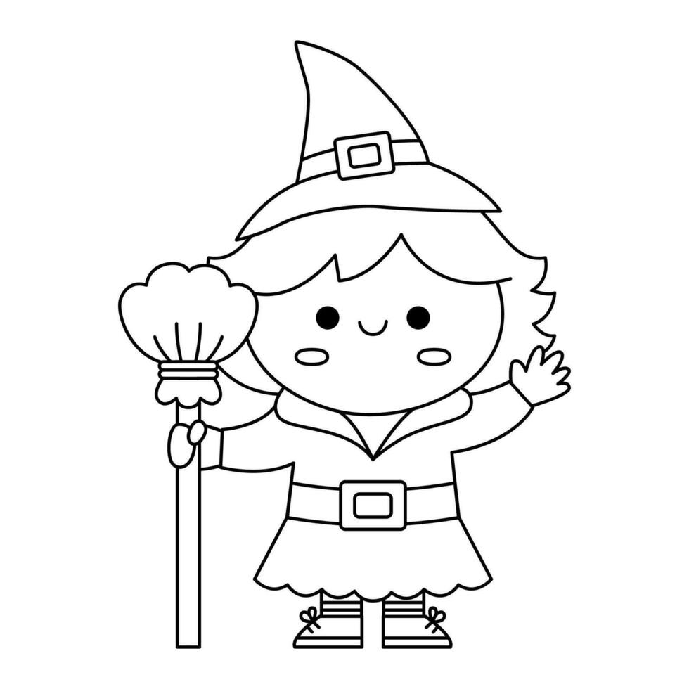 Vector black and white kawaii witch. Cute smiling Halloween line character for kids. Funny autumn all saints day cartoon illustration with girl in hat with broomstick. Samhain party coloring page