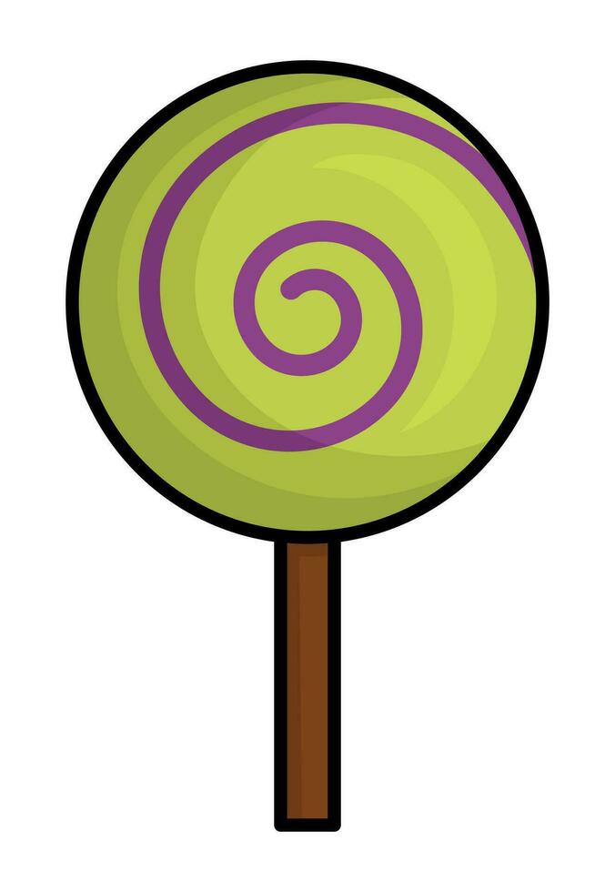 Vector sweet for trick or treat game. Green and purple cartoon lollypop. Traditional Halloween party food. Autumn holiday dessert on stick isolated on white background.