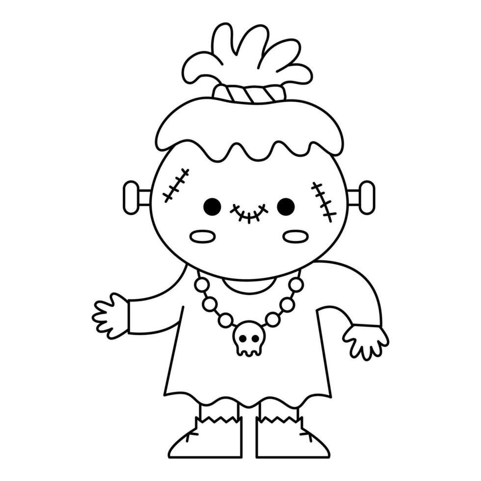 Vector black and white kawaii zombie. Cute smiling Halloween line character for kids. Funny autumn all saints day cartoon illustration. Samhain party voodoo doll icon or coloring page