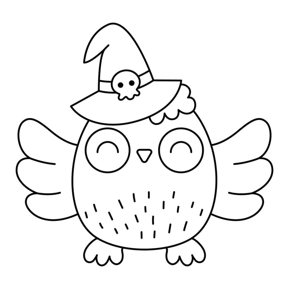 Vector black and white kawaii owl in witch hat. Cute smiling Halloween line character for kids. Autumn all saints day cartoon bird with spread wings illustration. Samhain party coloring page