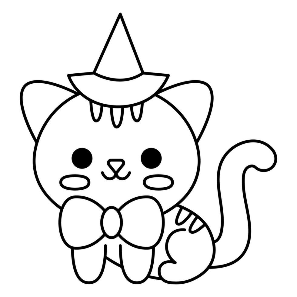 vector negro y blanco kawaii sentado negro gato con púrpura arco. linda sonriente Víspera de Todos los Santos línea personaje para niños. gracioso otoño todas santos día dibujos animados animal. samhain fiesta gatito colorante página