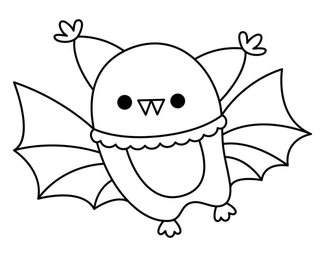 Vector black and white kawaii bat. Cute smiling Halloween line character for kids. Funny autumn all saints day cartoon animal with spread wings illustration. Samhain party icon or coloring page