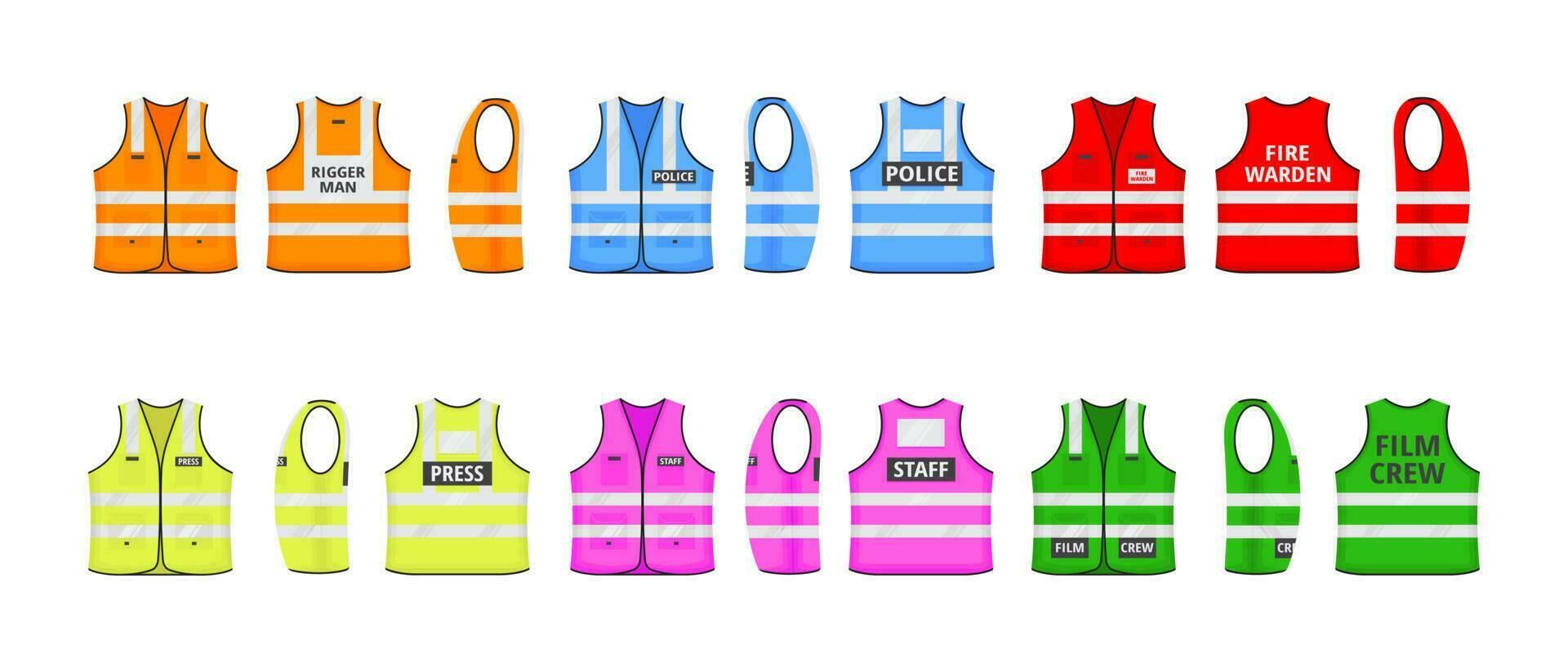 Safety reflective vest with label flat style design vector illustration set.