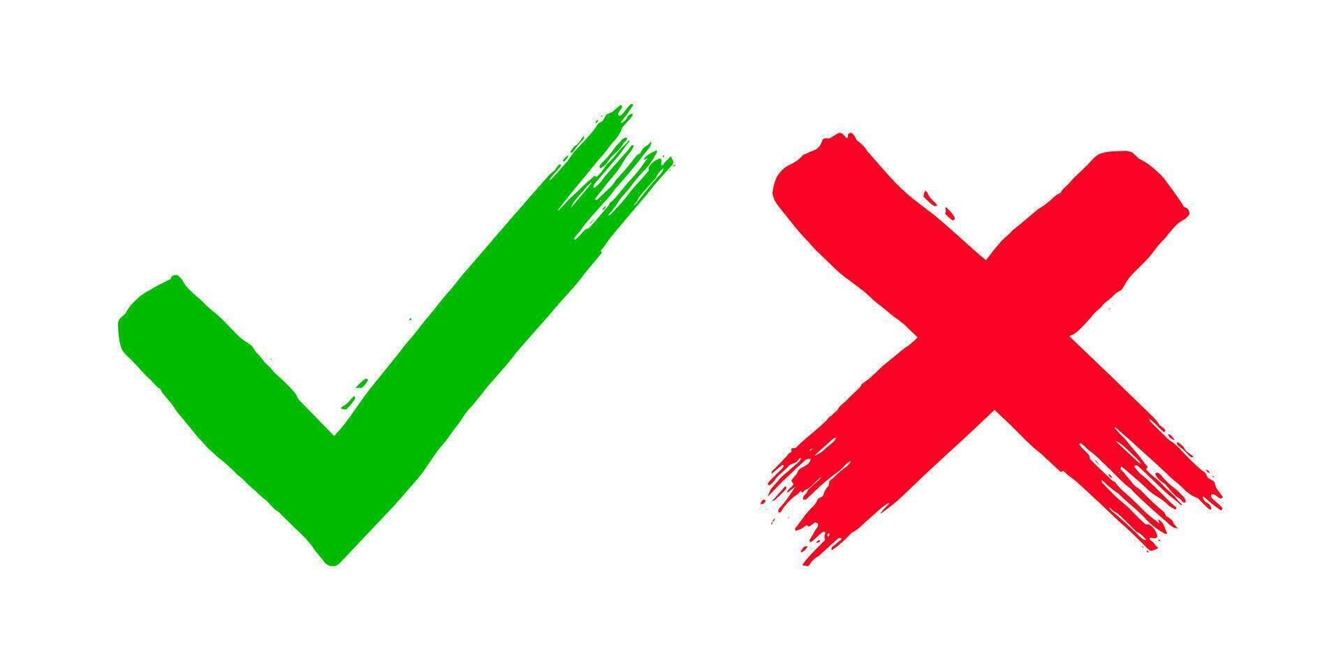 Two dirty grunge hand drawn with brush strokes cross X and tick V check marks vector illustration.