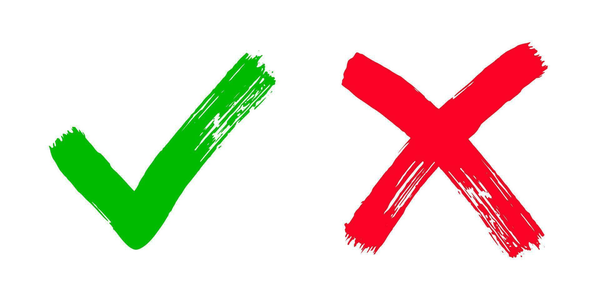 Two dirty grunge hand drawn with brush strokes cross X and tick V check marks vector illustration.