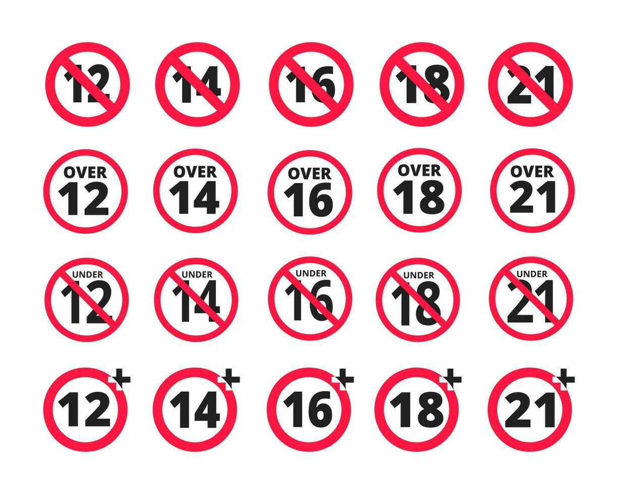 Adults content only age restriction 12, 14, 16, 18, 21 plus years old icon signs set. vector