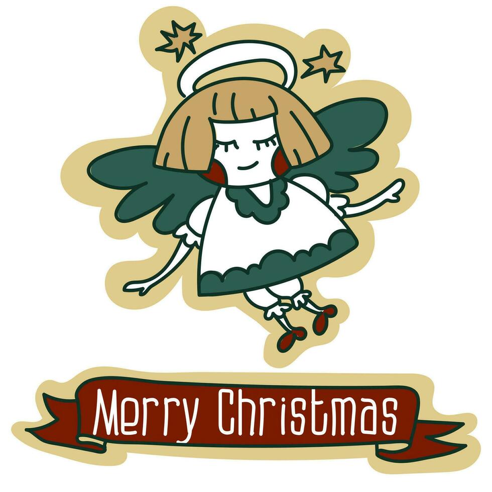 A Christmas card with a cute angel with a halo, wings and stars, a cartoon Christmas vector illustration. A postcard for the holiday in retro style. Cartoon object