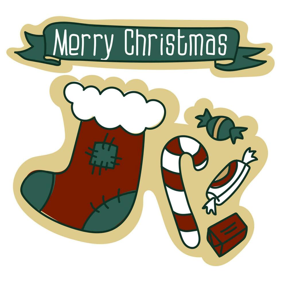 Christmas gift card with a warm darned sock with sweets, cartoon Christmas vector illustration. A postcard for the holiday in retro style. Cartoon object