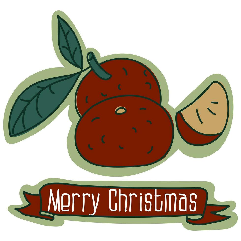 Postcard with Christmas fruit tangerines with a branch and a slice, cartoon Christmas vector illustration. A postcard for the holiday in retro style. Cartoon object
