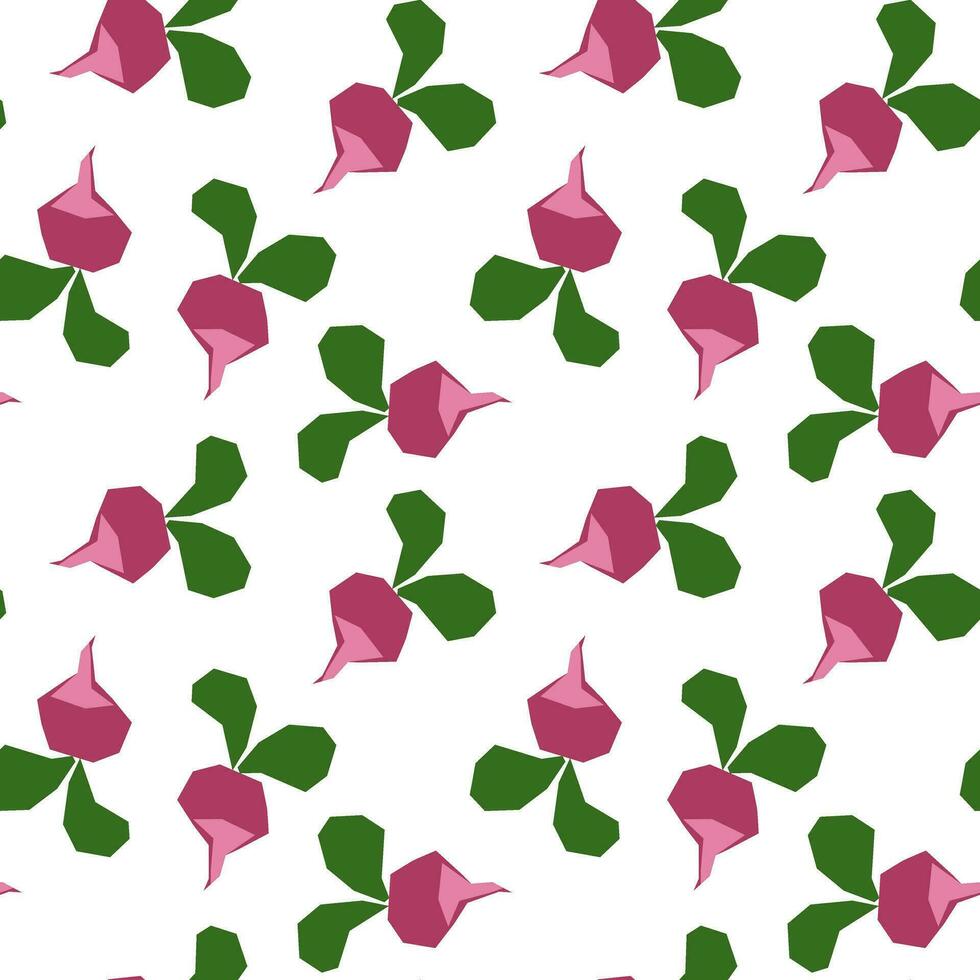 Cartoon seamless pattern with radish on a white background. Vegetable theme background, vector illustration of vegetables, healthy vegan food desktop wallpaper. Packaging for products
