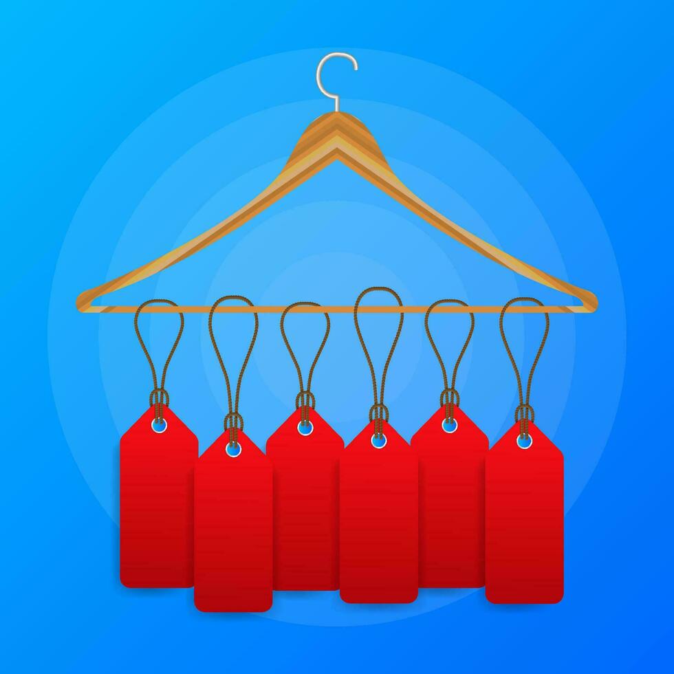 Lots of labels on a clothes hanger on blue background. Vector illustration.