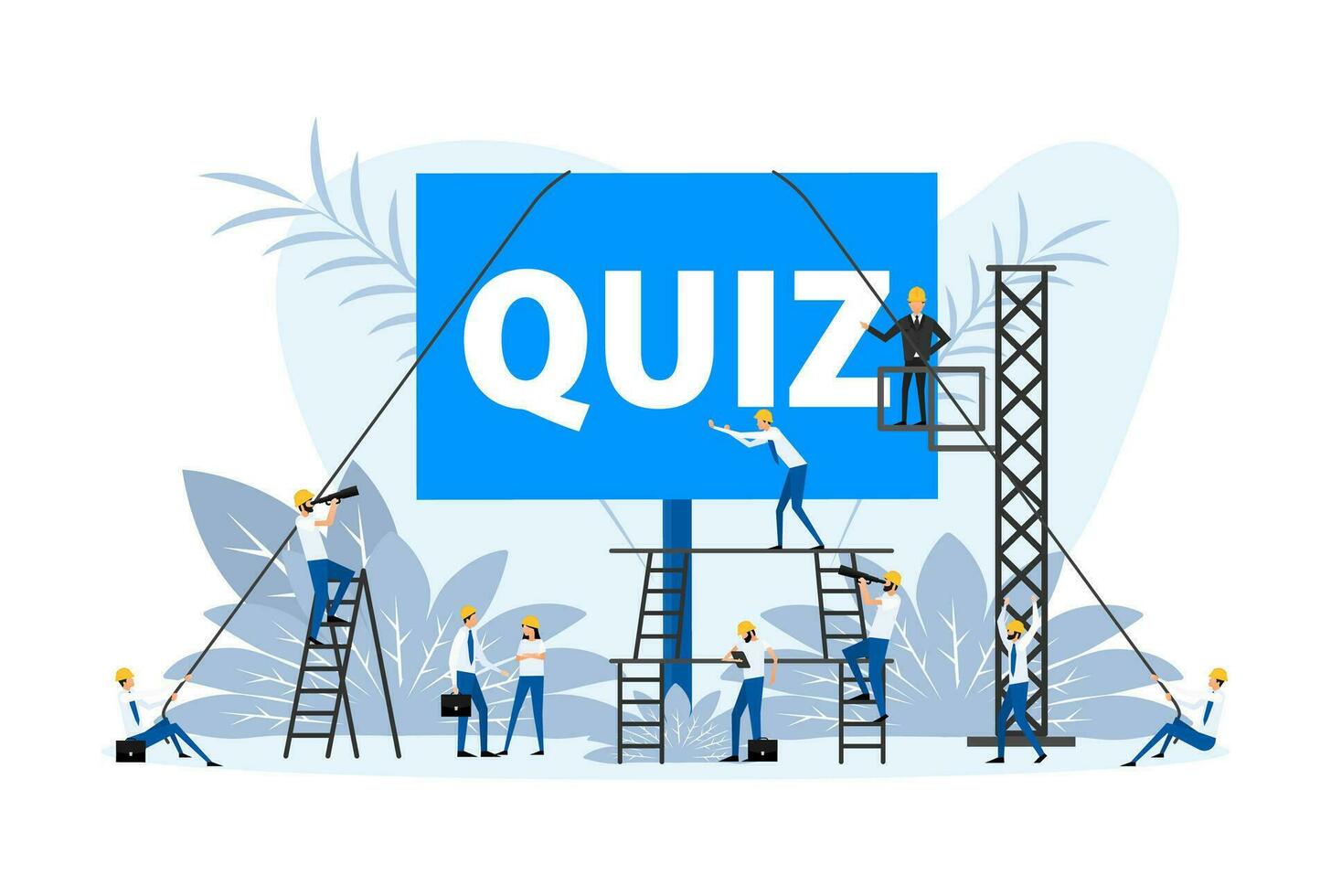 People stand near the placard Quiz. Hand holding blank placard vector