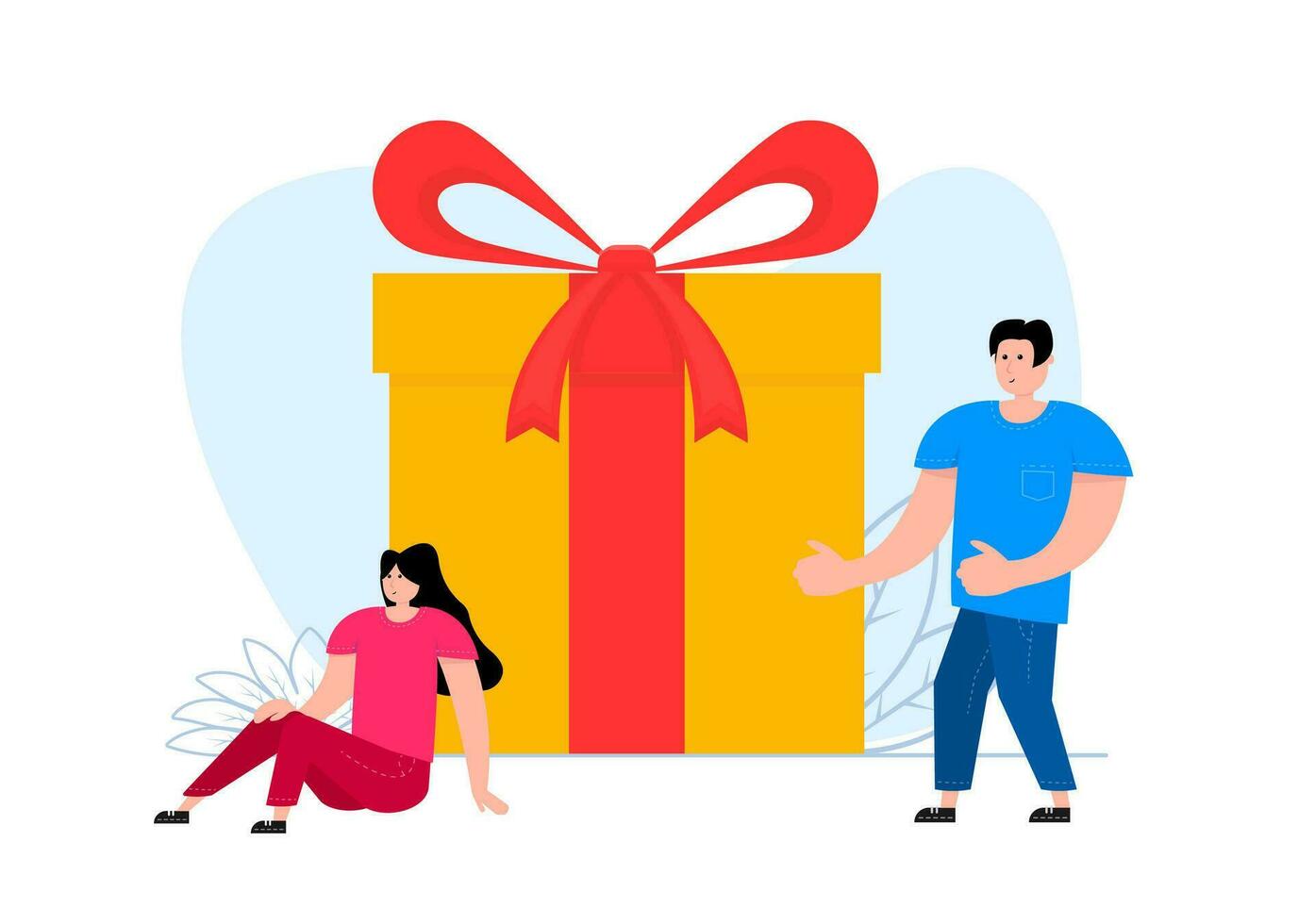 A man and a woman are standing near gift box. Online reward. Giving, receiving surprise. vector