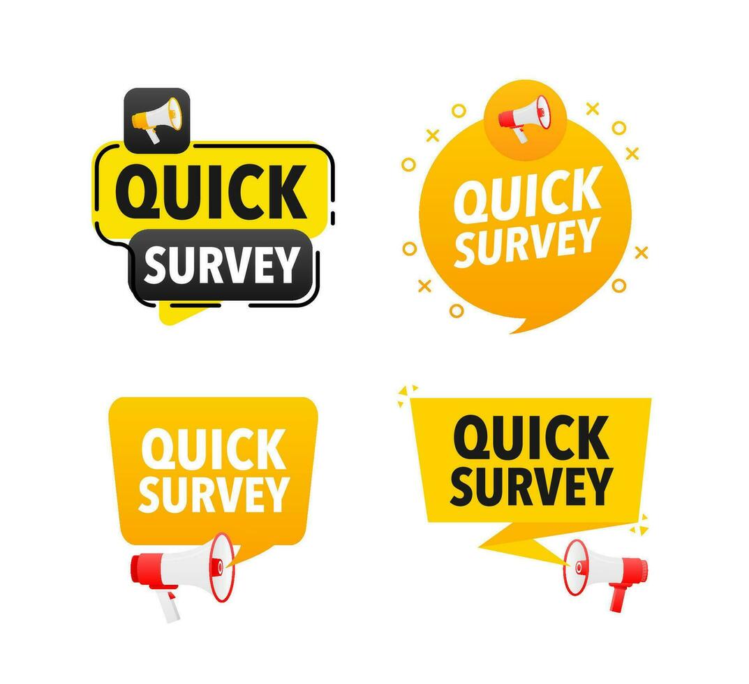 Megaphone label set with text Quick survey. Quick survey announcement banner vector