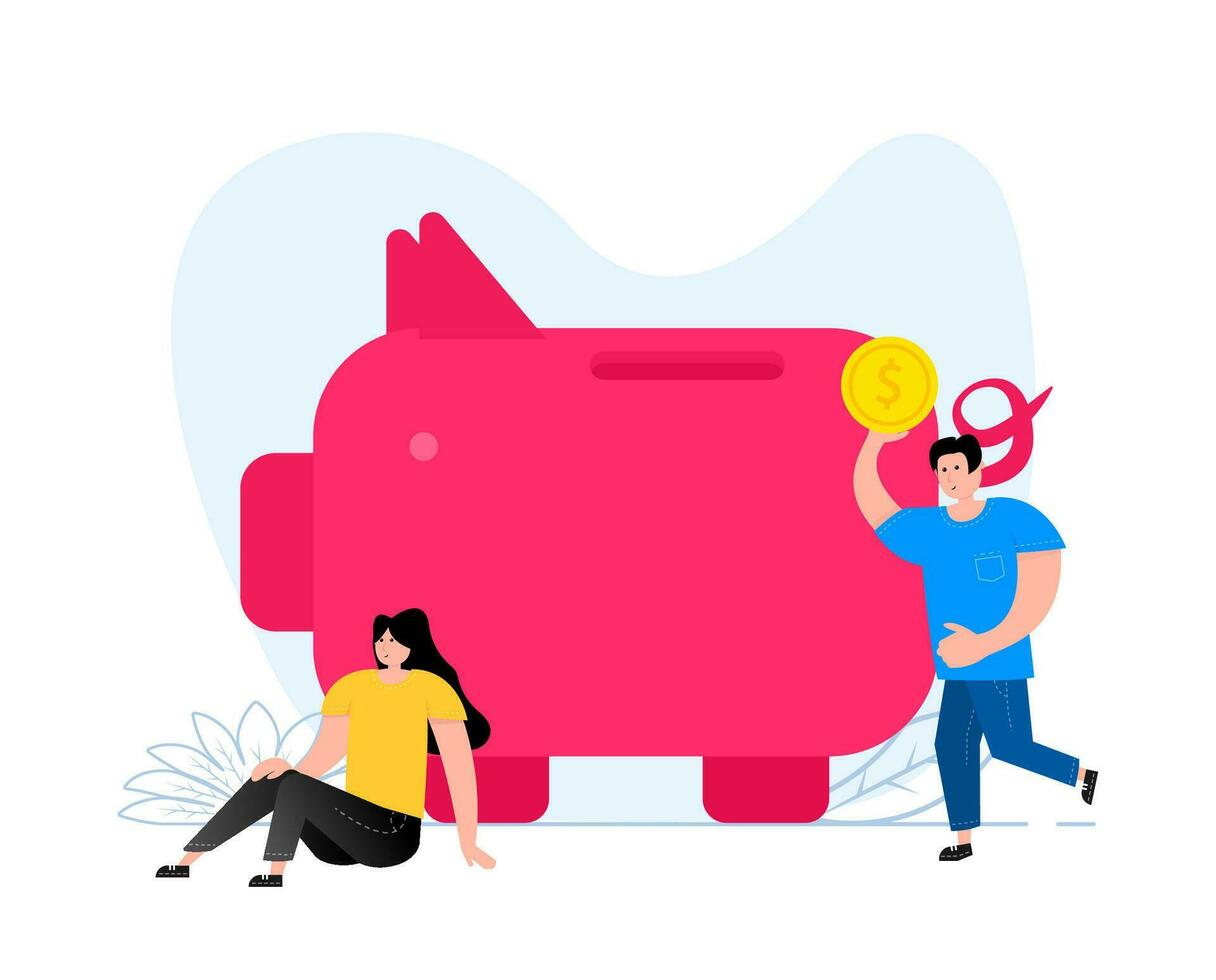 A man and a woman are standing near a piggy bank. Finance Budget. Saving Money or Cash Back vector