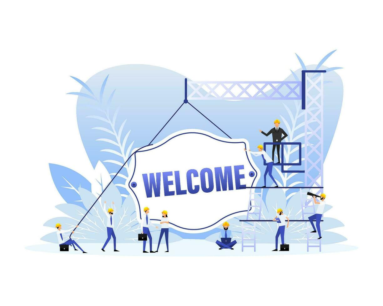 Welcome sign door, many people. Vector illustration