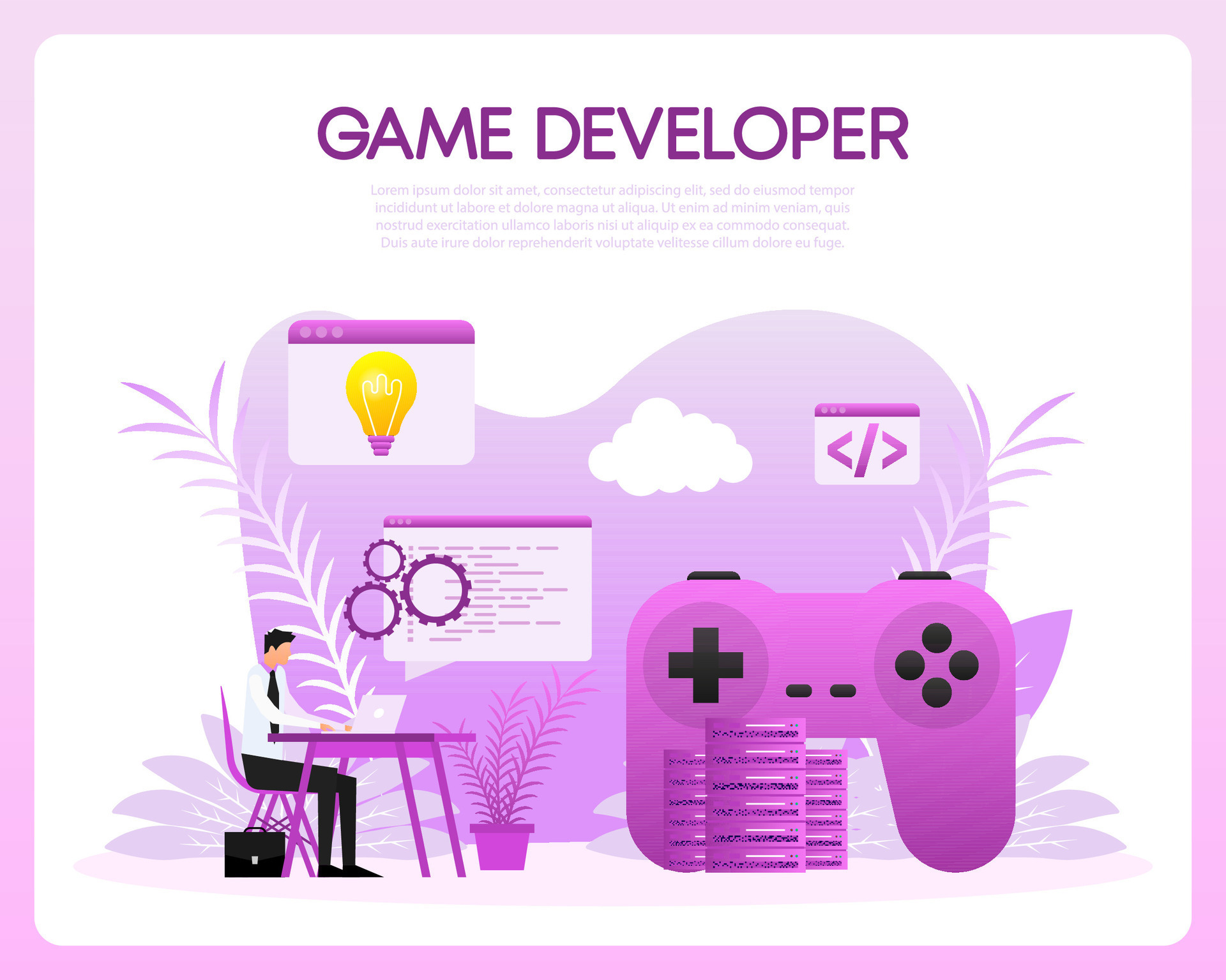Game development. Digital simulation. Video games programming. Vector ...