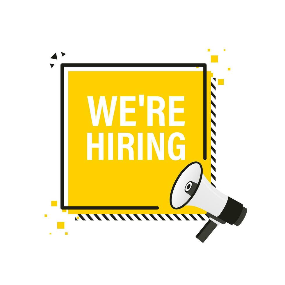 We are hiring megaphone yellow banner in 3D style on white background. Vector illustration.
