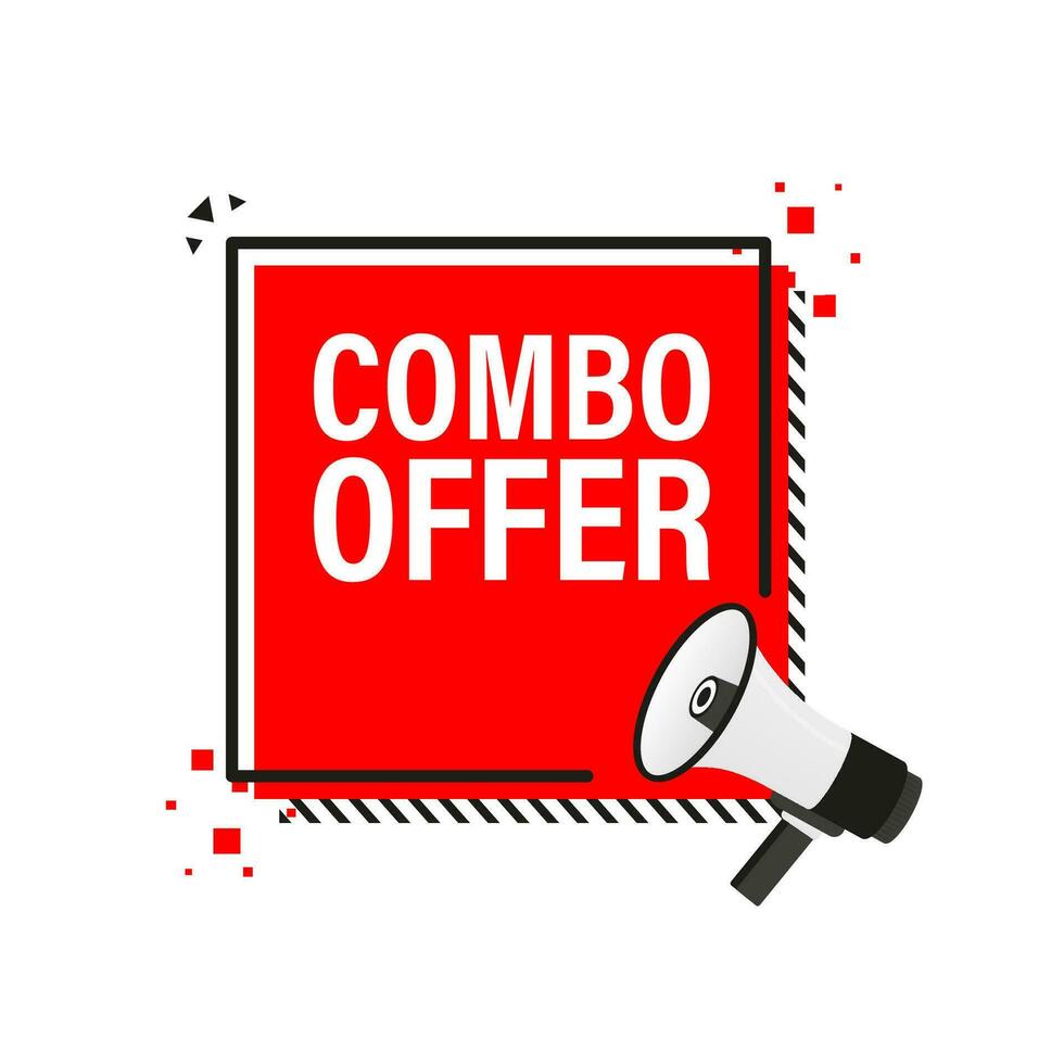 Combo offers feedback megaphone red banner in 3D style on white background. Vector illustration.