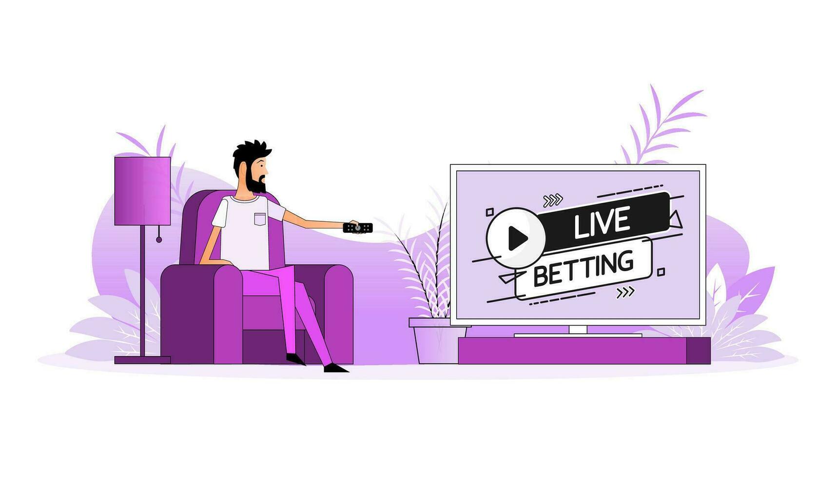 Man sits on the couch, they switch the channel on the TV - Live betting vector